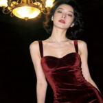 Elegant woman in red velvet dress and diamond necklace under ornate chandelier