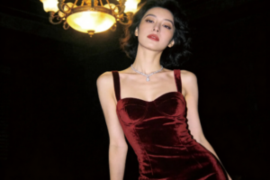 Elegant woman in red velvet dress and diamond necklace under ornate chandelier