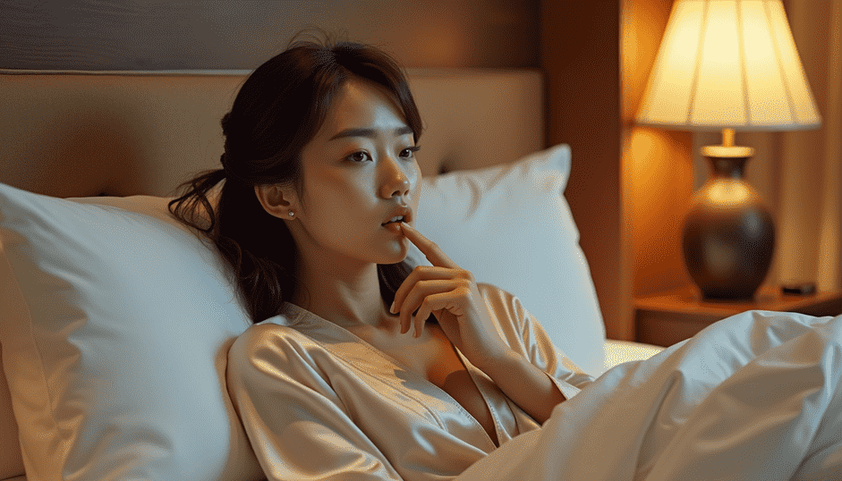 Elegant woman in silk robe in a luxurious hotel room
