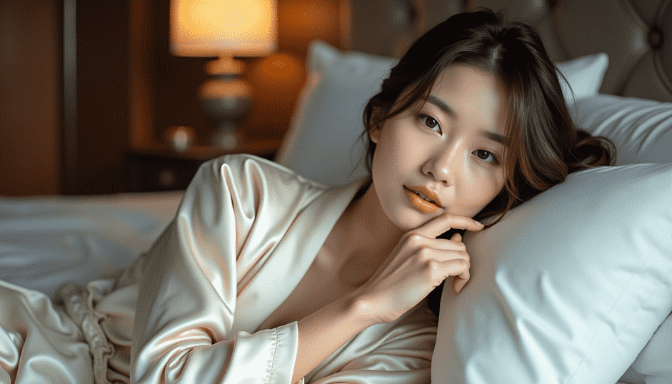 Elegant Asian woman in a silk robe resting on a bed