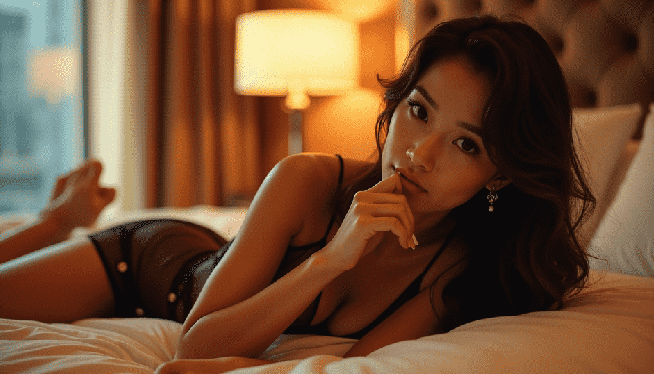 Attractive Asian woman in lingerie lying on a bed