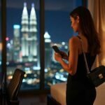 Woman in a hotel room with a city skyline view at night