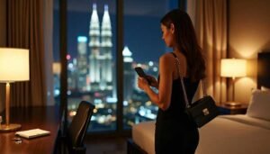 Woman in a hotel room with a city skyline view at night