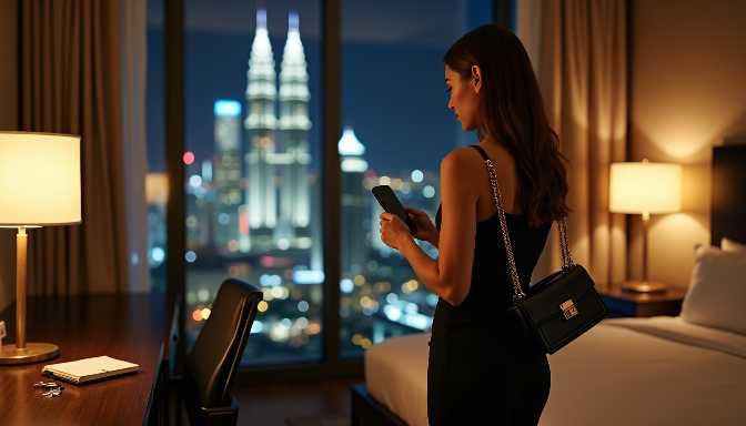 Woman in a hotel room with a city skyline view at night
