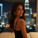 Elegant woman in black dress with city skyline at night