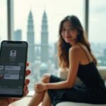 Woman in black dress smiles as man holds phone with social media app