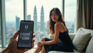 Woman in black dress smiles as man holds phone with social media app