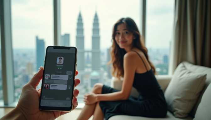 Woman in black dress smiles as man holds phone with social media app