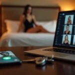 Laptop displaying video calls with women, in a bedroom with a woman in the background.