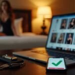 Laptop displaying dating profiles next to car keys and a phone with a checkmark