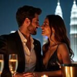 Couple enjoying a romantic rooftop dinner with city skyline