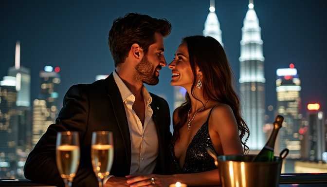Couple enjoying a romantic rooftop dinner with city skyline