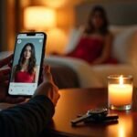 Person holding smartphone showing woman's photo, with candle and wine glass
