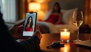 Person holding smartphone showing woman's photo, with candle and wine glass