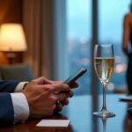 Man in suit using phone with champagne and car keys nearby