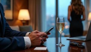 Man in suit using phone with champagne and car keys nearby