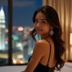 Woman in black dress with Kuala Lumpur skyline view