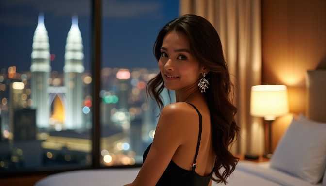 Woman in black dress with Kuala Lumpur skyline view