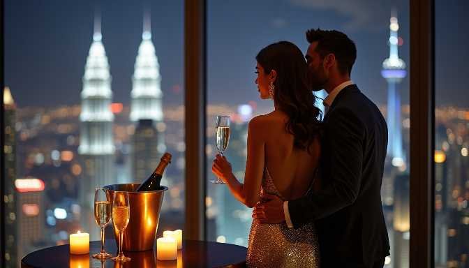 Couple enjoying champagne with city skyline view