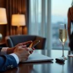 Man in suit on phone with champagne and woman in background