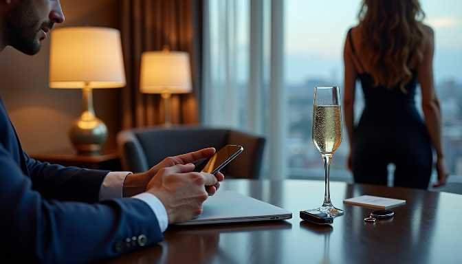 Man in suit on phone with champagne and woman in background