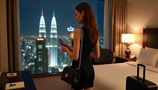 Woman in a hotel room with a city skyline view at night