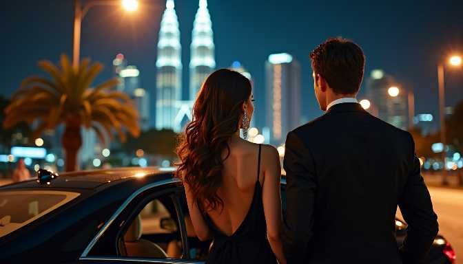 Couple in formal wear by a luxury car with city skyline at night