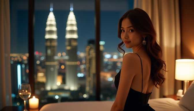 Woman in a black dress in a hotel room with city skyline view at night