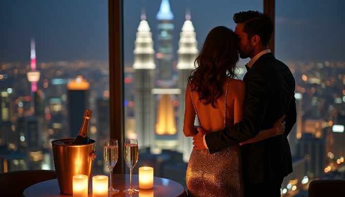 Couple enjoying champagne and city views at a romantic dinner