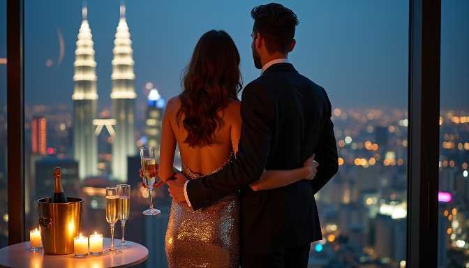 Couple in formal wear enjoying city skyline view with champagne
