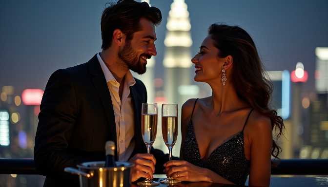 Couple celebrating with champagne on a rooftop at night